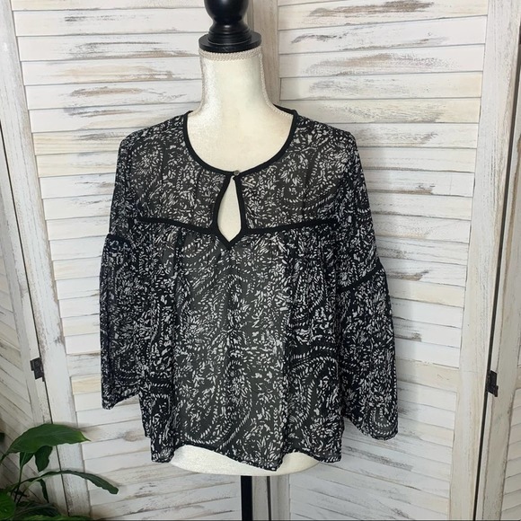 LUCKY BRAND Women’s S Floral Sheer Printed Bell Sleeve Blouse Boho Peasant Boxy - Picture 2 of 11
